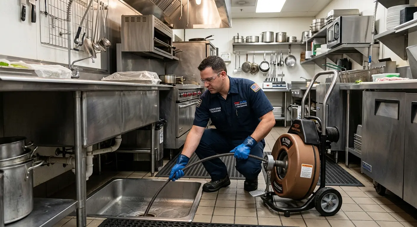 Commercial drain cleaning service in a restaurant kitchen in Augusta