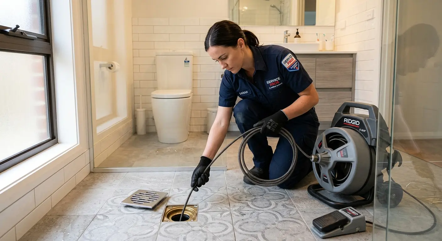 Technician clearing a bathroom floor drain for Clogged Drain Repair in Augusta